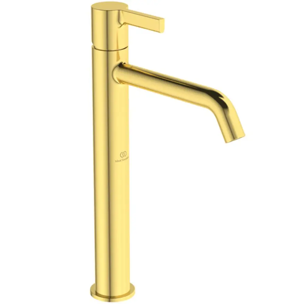 Waschtischarmatur in glänzendem Gold, mit langen Auslauf und markentypischem Design von Ideal Standard. Geeignet für moderne Badgestaltungen.